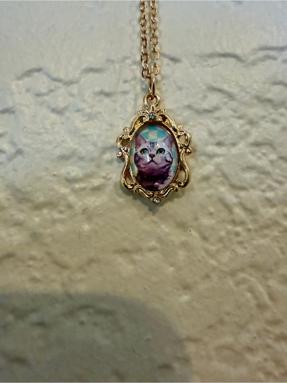 Gold Cat Portrait Pendant Necklace - Gold Tone